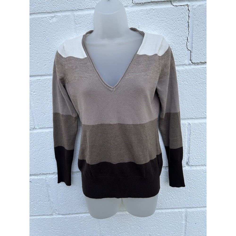 New York & Co Knit Shirt Sweater V Neck Mid Arm Sleeve Striped Sm Spring Career